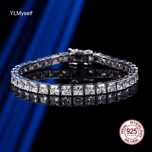 YLMyself Bracelet 925 Silver 4x4mm Square Cubic Zirconia Pave Full Chain 15-21CM Unisex Jewelry Gift For Men Women